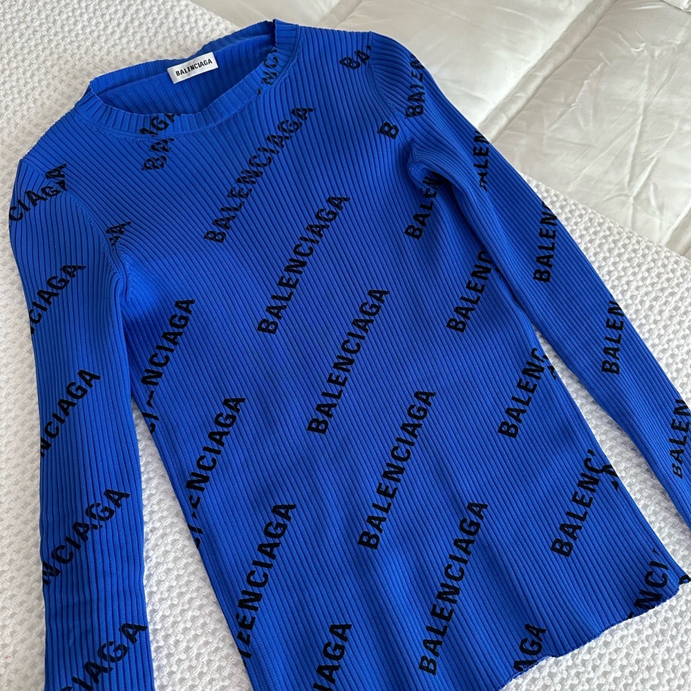 Balenciaga Blue Ribbed Monogram Logo Sweater